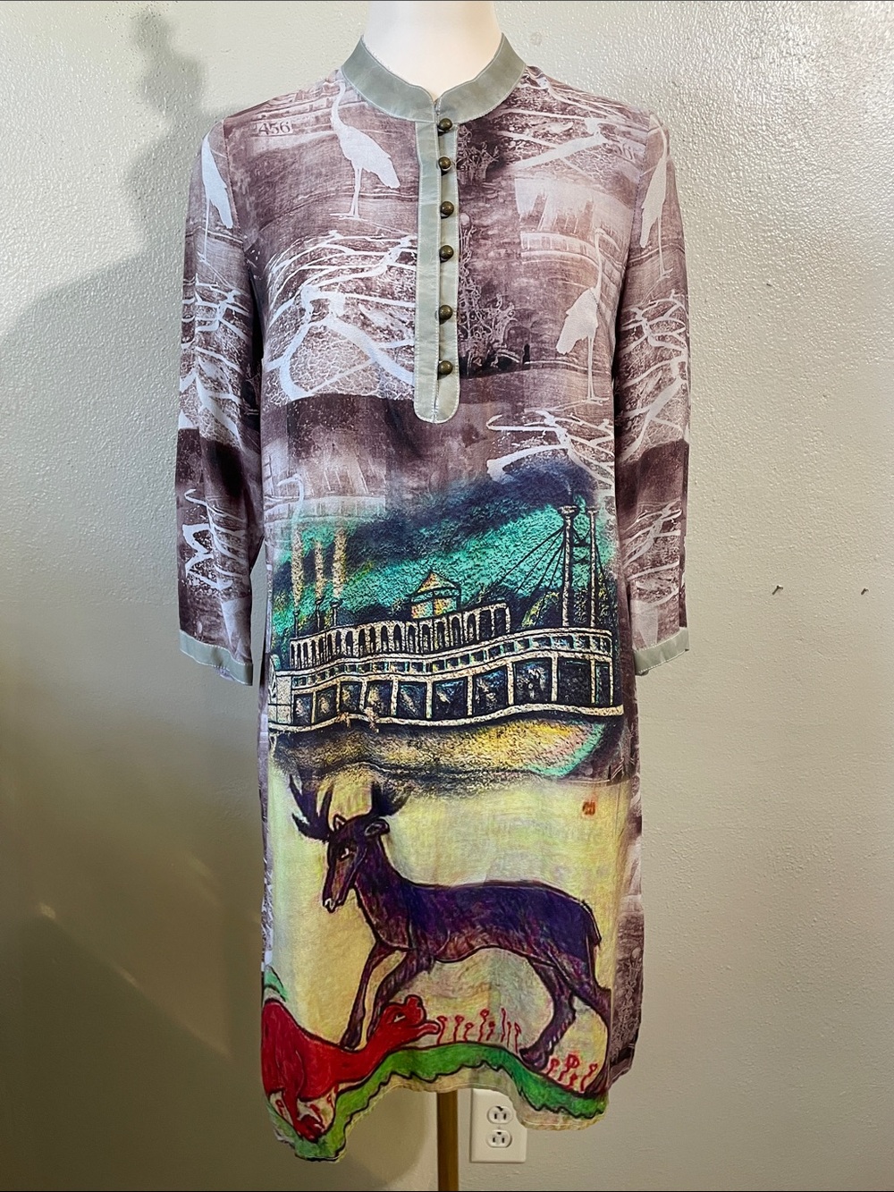Artwear Silk Deer Nature Print Longline Top Medium Button Boho Woodland Folkart